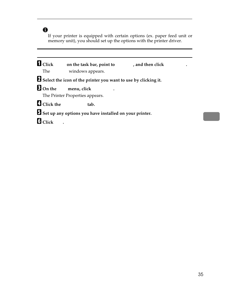 Setting up options, Windows nt4.0:setting up options, Options, setting up:windows nt4.0 | A click, C on the, The printer properties appears, D click the, F click | Ricoh AP1400/AP2000 User Manual | Page 55 / 332