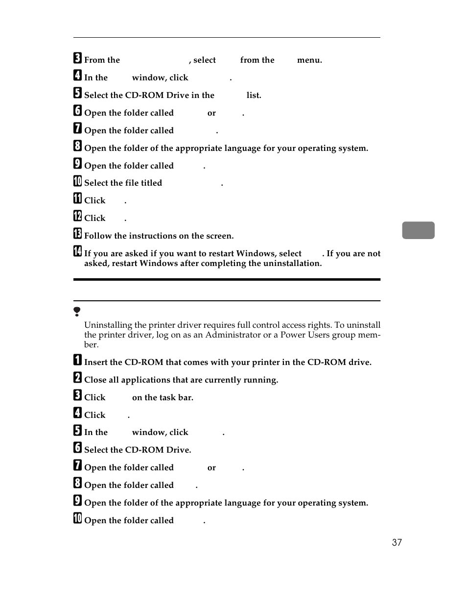 C from the, D in the, E select the cd-rom drive in the | F open the folder called, G open the folder called, I open the folder called, J select the file titled, K click, L click, M follow the instructions on the screen | Ricoh AP1400/AP2000 User Manual | Page 57 / 332