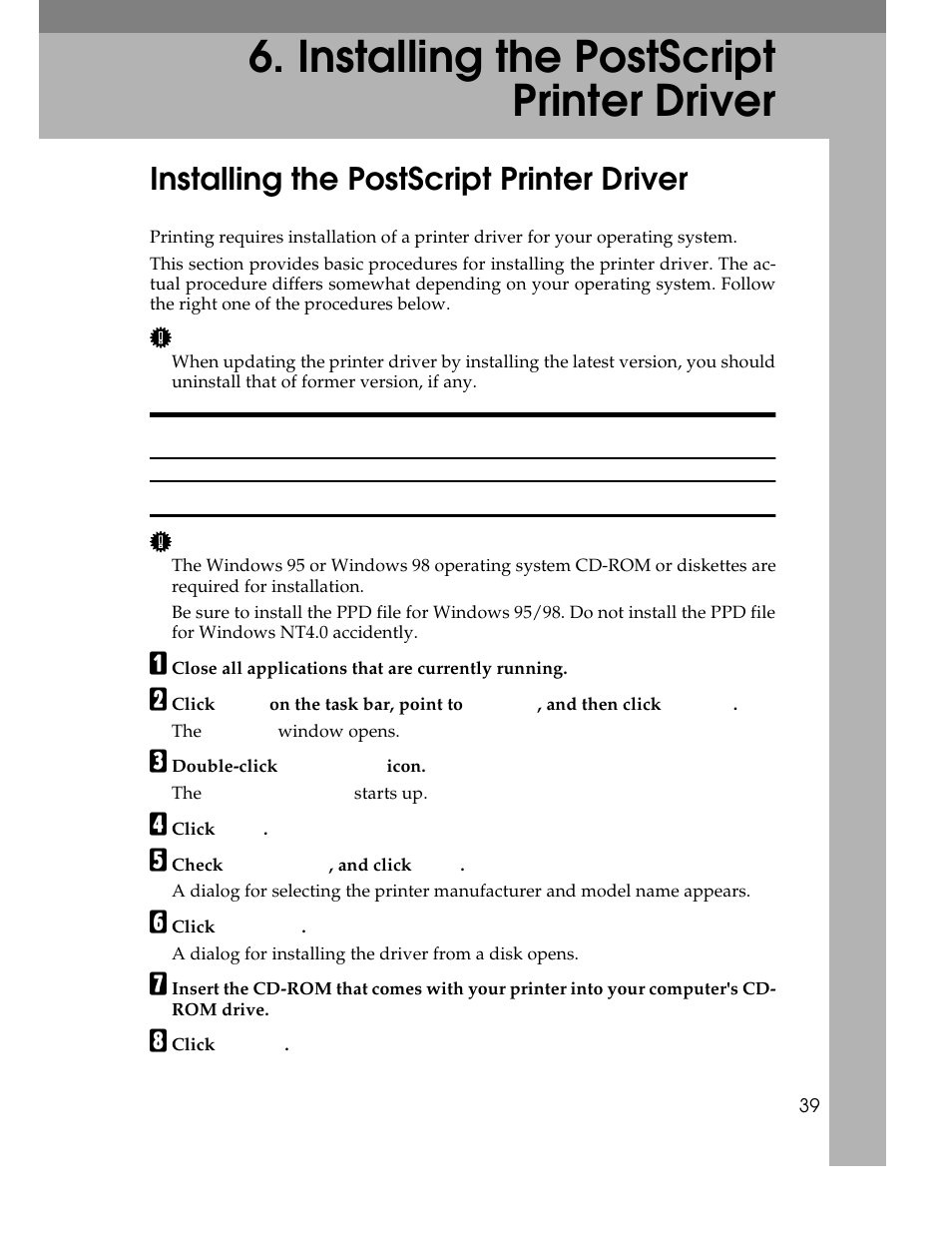 installing the postscript printer driver, Installing the postscript printer driver, Postscript printer driver, installing | Installing the printer driver, Postscript:windows 95/98, installing, Windows 95/98:postscript, installing, B click, C double-click, D click, E check | Ricoh AP1400/AP2000 User Manual | Page 59 / 332