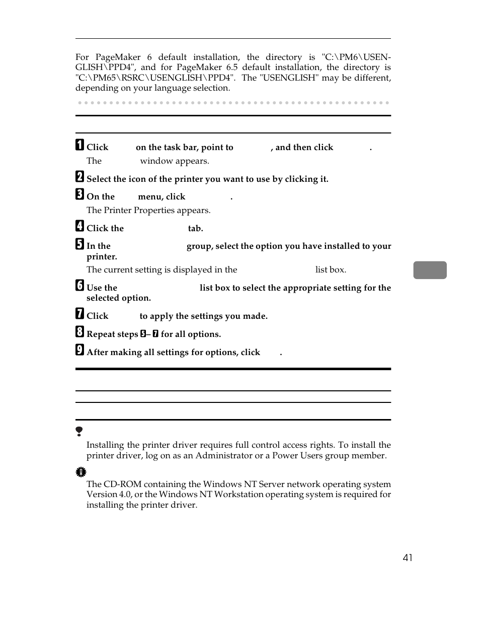 Setting up options, Options, setting up:windows 95/98, Windows 95/98:setting up options | A click, C on the, The printer properties appears, D click the, E in the, The current setting is displayed in the, F use the | Ricoh AP1400/AP2000 User Manual | Page 61 / 332
