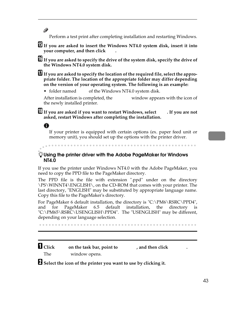 Folder named, After installation is completed, the, Setting up options | Options, setting up:windows nt4.0, Windows nt4.0:setting up options, A click | Ricoh AP1400/AP2000 User Manual | Page 63 / 332