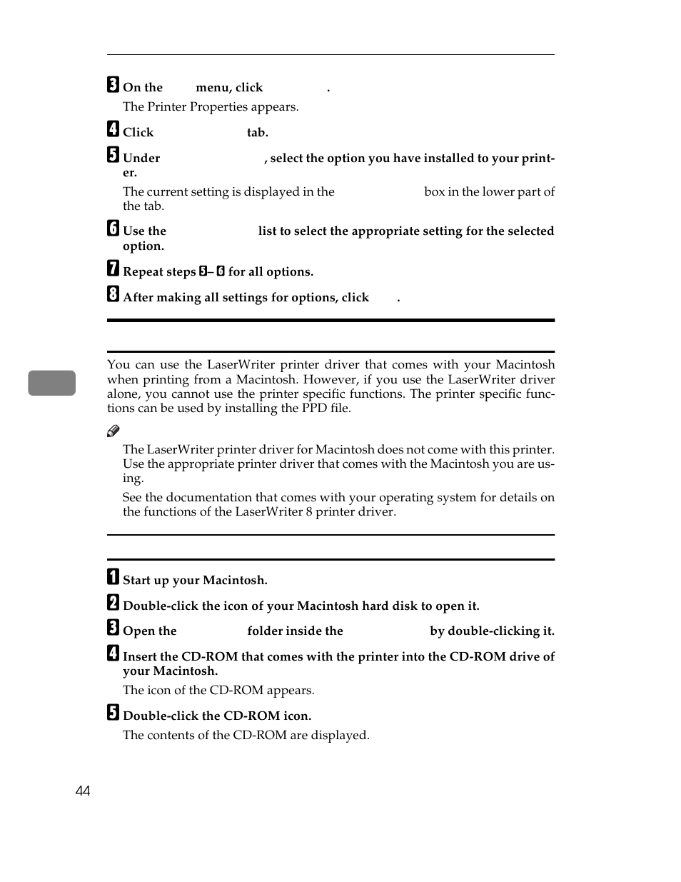 C on the, The printer properties appears, D click | E under, The current setting is displayed in the, F use the, G repeat steps e– f for all options, H after making all settings for options, click, Macintosh - installing the ppd file, Installing the ppd file | Ricoh AP1400/AP2000 User Manual | Page 64 / 332