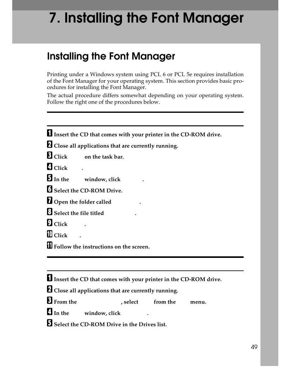 installing the font manager, Font manager, Installing the font manager | Windows 95/98 - installing the font manager, Font manager:windows 95/98, installing, Windows 95/98:font manager, installing, C click, D click, E in the, F select the cd-rom drive | Ricoh AP1400/AP2000 User Manual | Page 69 / 332