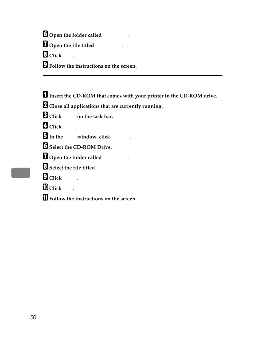 F open the folder called, G open the file titled, H click | I follow the instructions on the screen, Windows nt4.0 - installing the font manager, Font manager:windows nt4.0, installing, Windows nt4.0:font manager, installing, C click, D click, E in the | Ricoh AP1400/AP2000 User Manual | Page 70 / 332