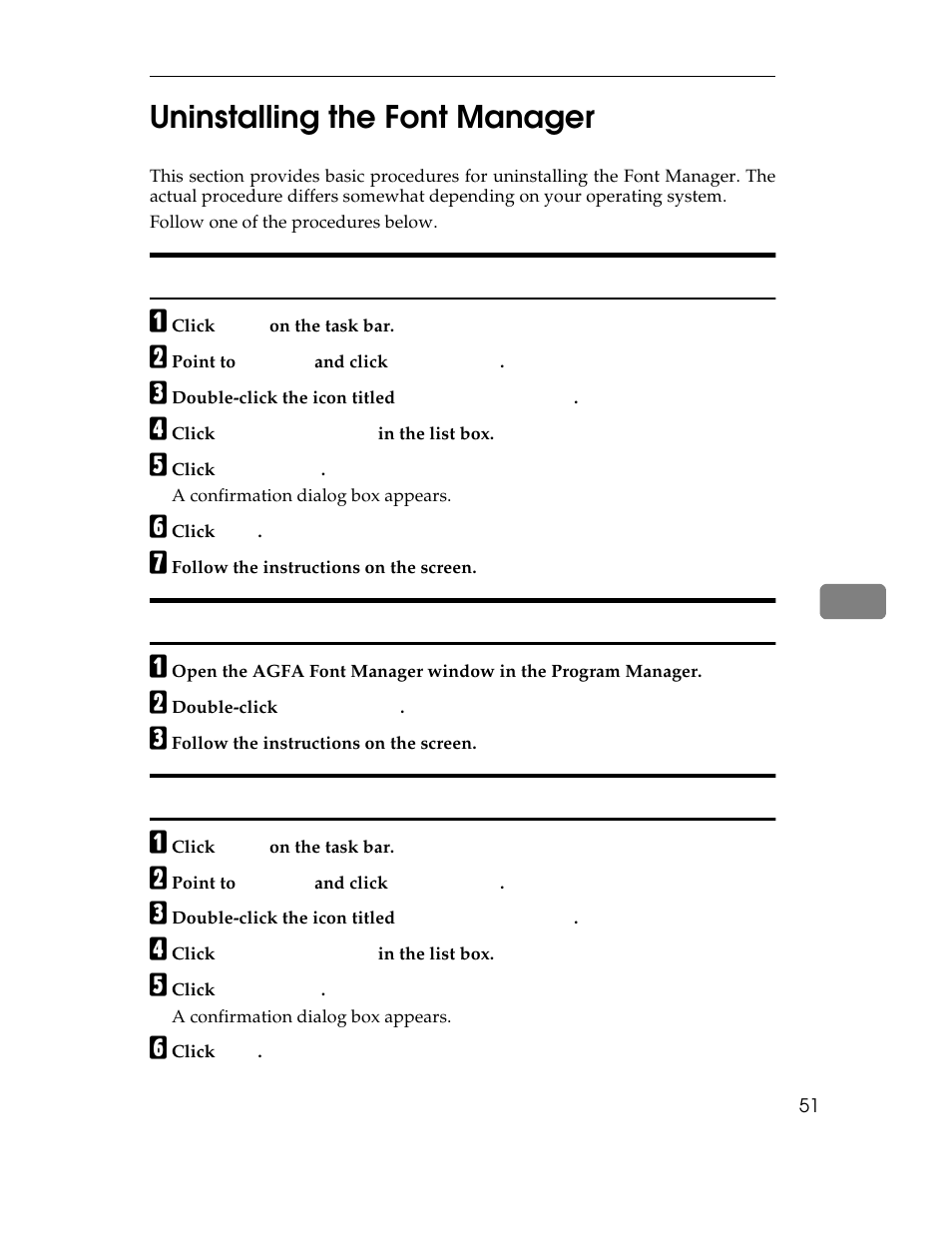Uninstalling the font manager, Follow one of the procedures below, Windows 95/98 - uninstalling the font manager | Font manager:windows 95/98, uninstalling, Windows 95/98:font manager, uninstalling, A click, B point to, C double-click the icon titled, D click, E click | Ricoh AP1400/AP2000 User Manual | Page 71 / 332