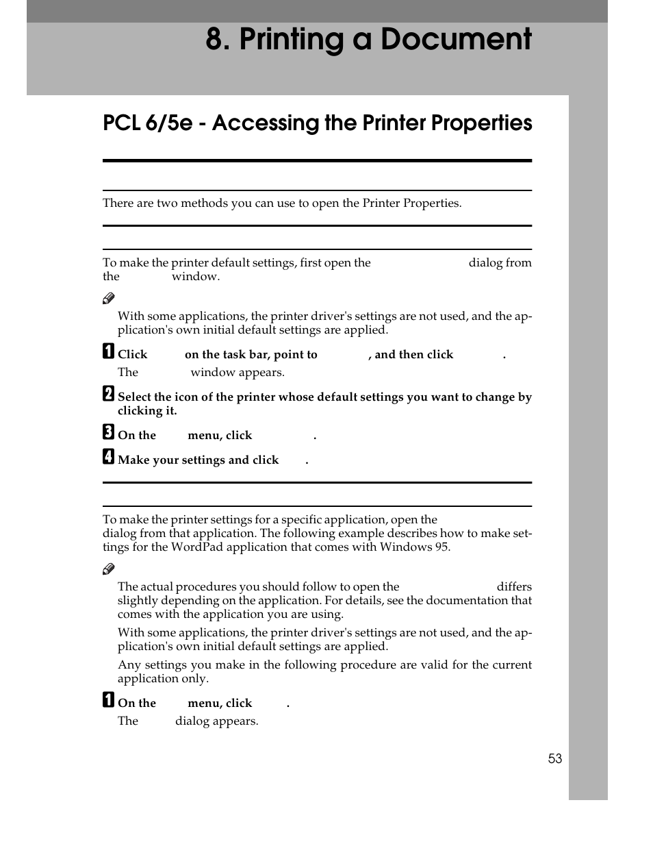 printing a document, Pcl 6/5e - accessing the printer properties, Windows 95/98 - accessing the printer properties | Windows 95/98:printer properties, pcl, Making printer default settings, A click, C on the, D make your settings and click, Making printer settings for a specific application, A on the | Ricoh AP1400/AP2000 User Manual | Page 73 / 332