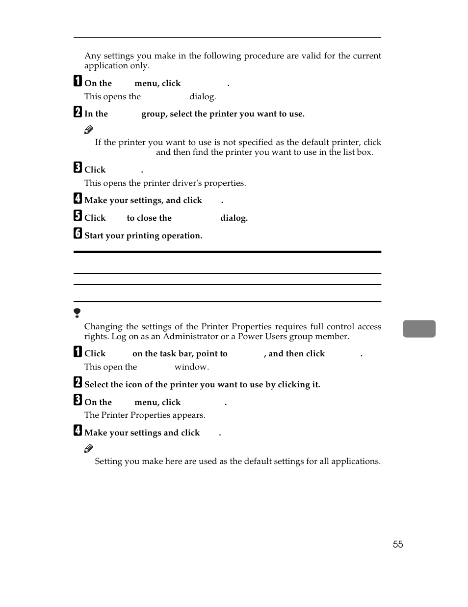A on the, This opens the, B in the | C click, This opens the printer driver's properties, D make your settings, and click, E click, F start your printing operation, Windows nt4.0 - accessing the printer properties, Windows nt4.0:printer properties, pcl | Ricoh AP1400/AP2000 User Manual | Page 75 / 332
