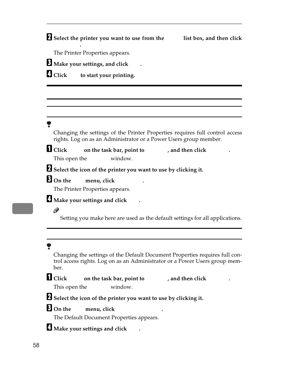 B select the printer you want to use from the, The printer properties appears, C make your settings, and click | D click, Windows nt4.0 - accessing the printer properties, Windows nt4.0:printer properties, postscript, A click, This open the, C on the, D make your settings and click | Ricoh AP1400/AP2000 User Manual | Page 78 / 332