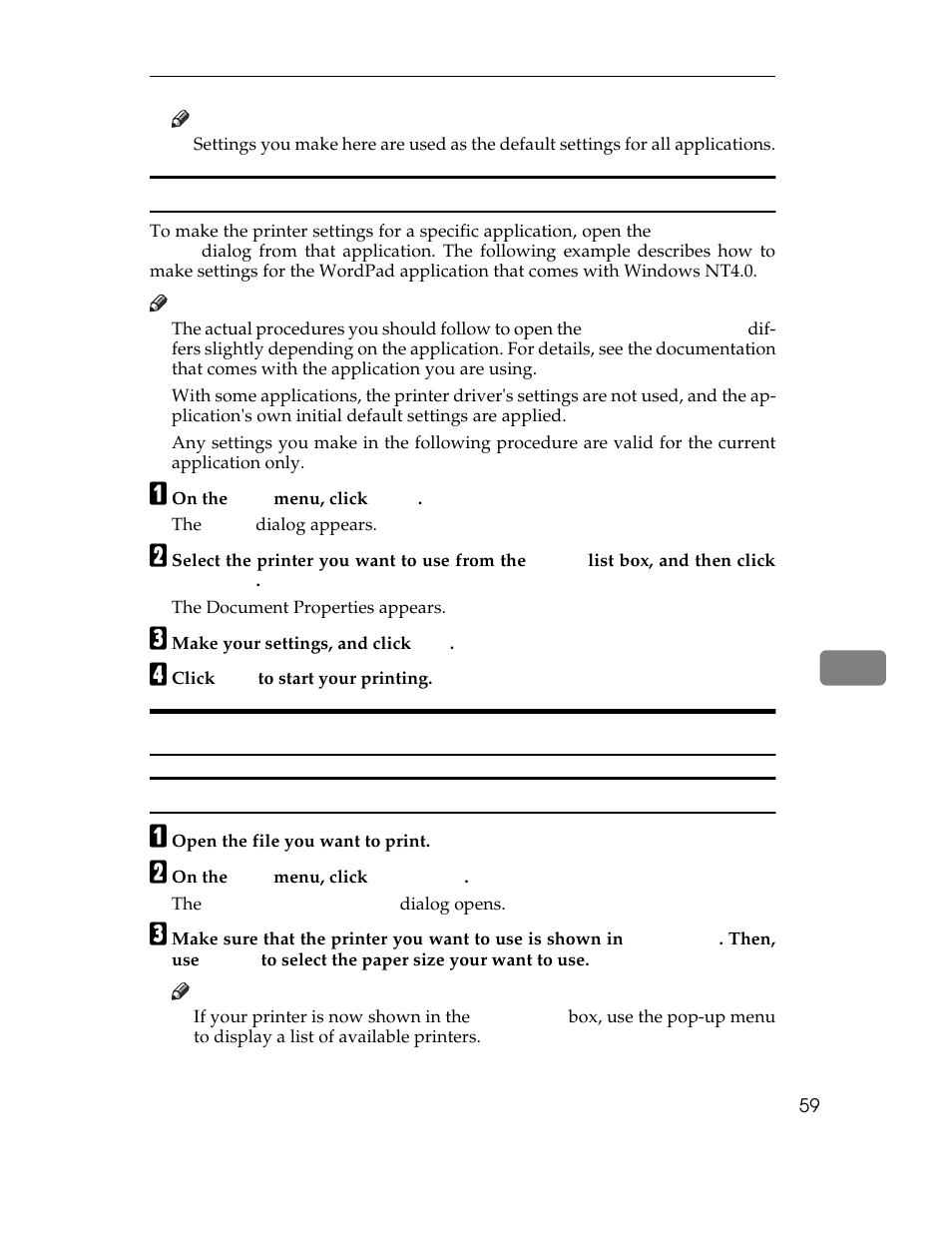 Making printer settings for a specific application, A on the, B select the printer you want to use from the | The document properties appears, C make your settings, and click, D click, Macintosh - setting up for printing, Making paper settings from an application, A open the file you want to print, B on the | Ricoh AP1400/AP2000 User Manual | Page 79 / 332