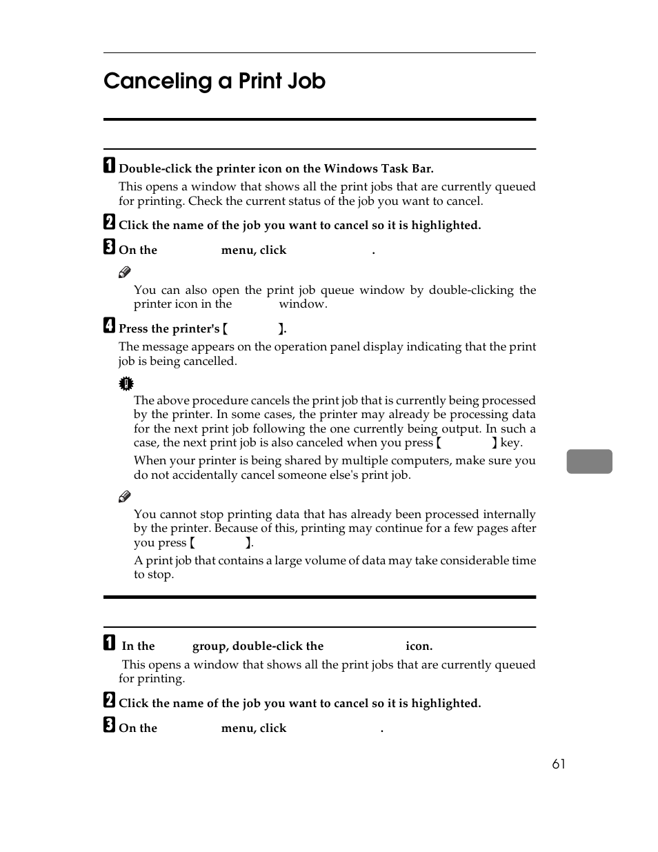 Canceling a print job, Windows 95/98 - canceling print job, Windows 95/98:canceling a job | C on the, D press the printer's, Windows 3.1x - canceling a print job, Windows 3.1x:canceling a job, A in the, 8canceling a print job | Ricoh AP1400/AP2000 User Manual | Page 81 / 332
