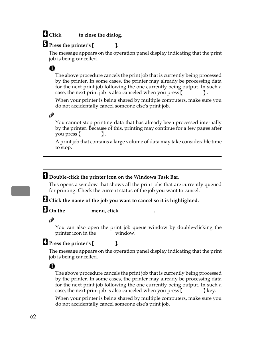 D click, E press the printer's, Windows nt4.0 - canceling a print job | Windows nt4.0:canceling a job, C on the, D press the printer's | Ricoh AP1400/AP2000 User Manual | Page 82 / 332