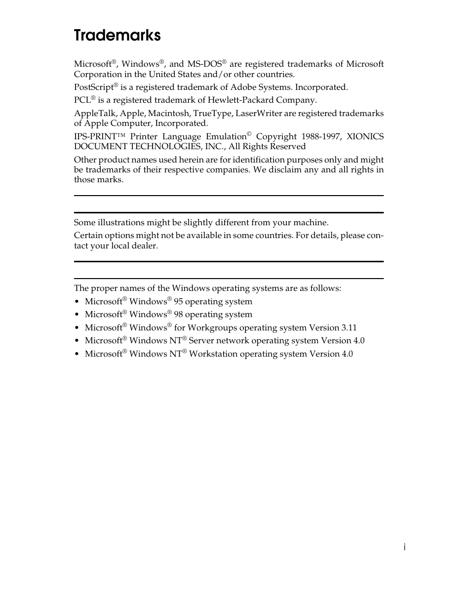 Trademarks, Microsoft, Postscript | Ips-print™ printer language emulation, Notes, Note,  netware | Ricoh AP1400/AP2000 User Manual | Page 9 / 332