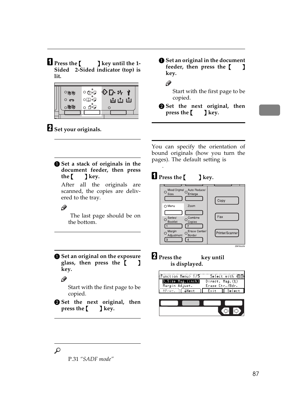 P.87, Specifying orientation of bound origi- nals | Ricoh 450e User Manual | Page 113 / 204