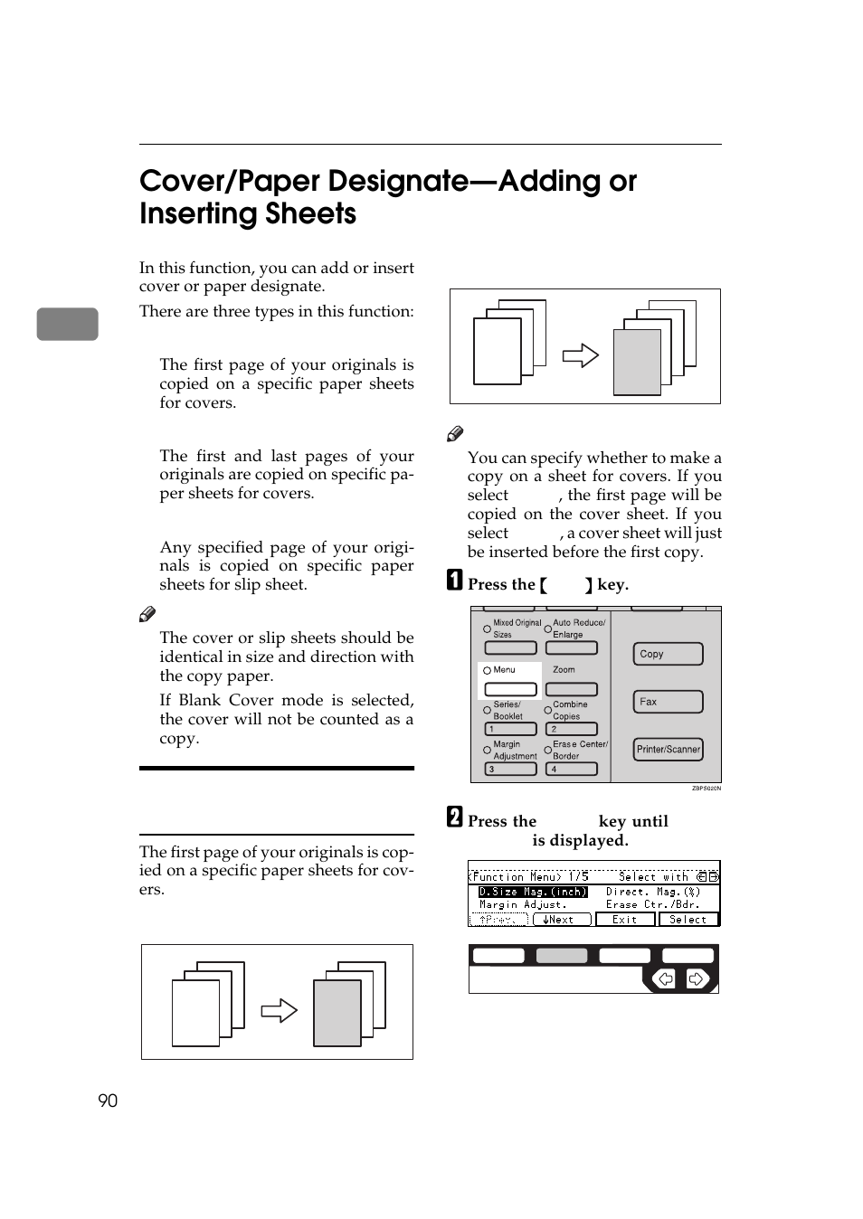 Cover/paper designate—adding or inserting sheets, Front cover—copying or adding a front cover, 2cover/paper designate—adding or inserting sheets | Ricoh 450e User Manual | Page 116 / 204