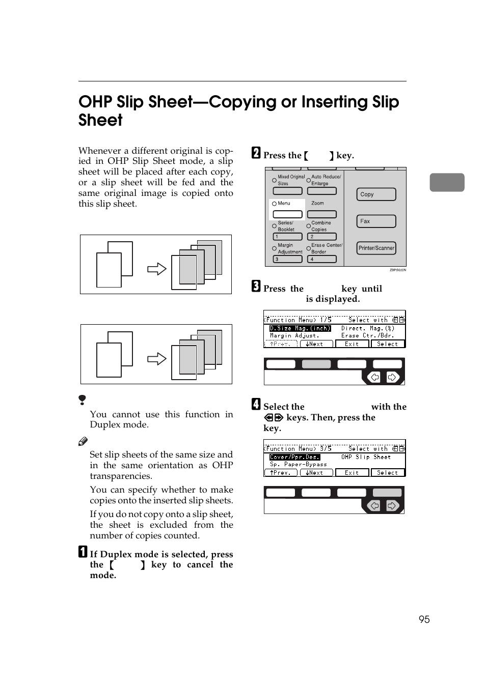 Ohp slip sheet, 2ohp slip sheet—copying or inserting slip sheet | Ricoh 450e User Manual | Page 121 / 204