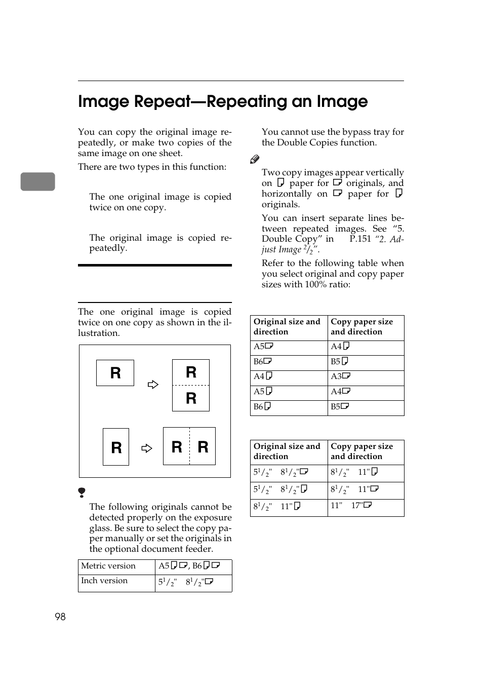 Image repeat–repeating an image, 2image repeat—repeating an image, Double copies—copying the image twice on one page | Ricoh 450e User Manual | Page 124 / 204