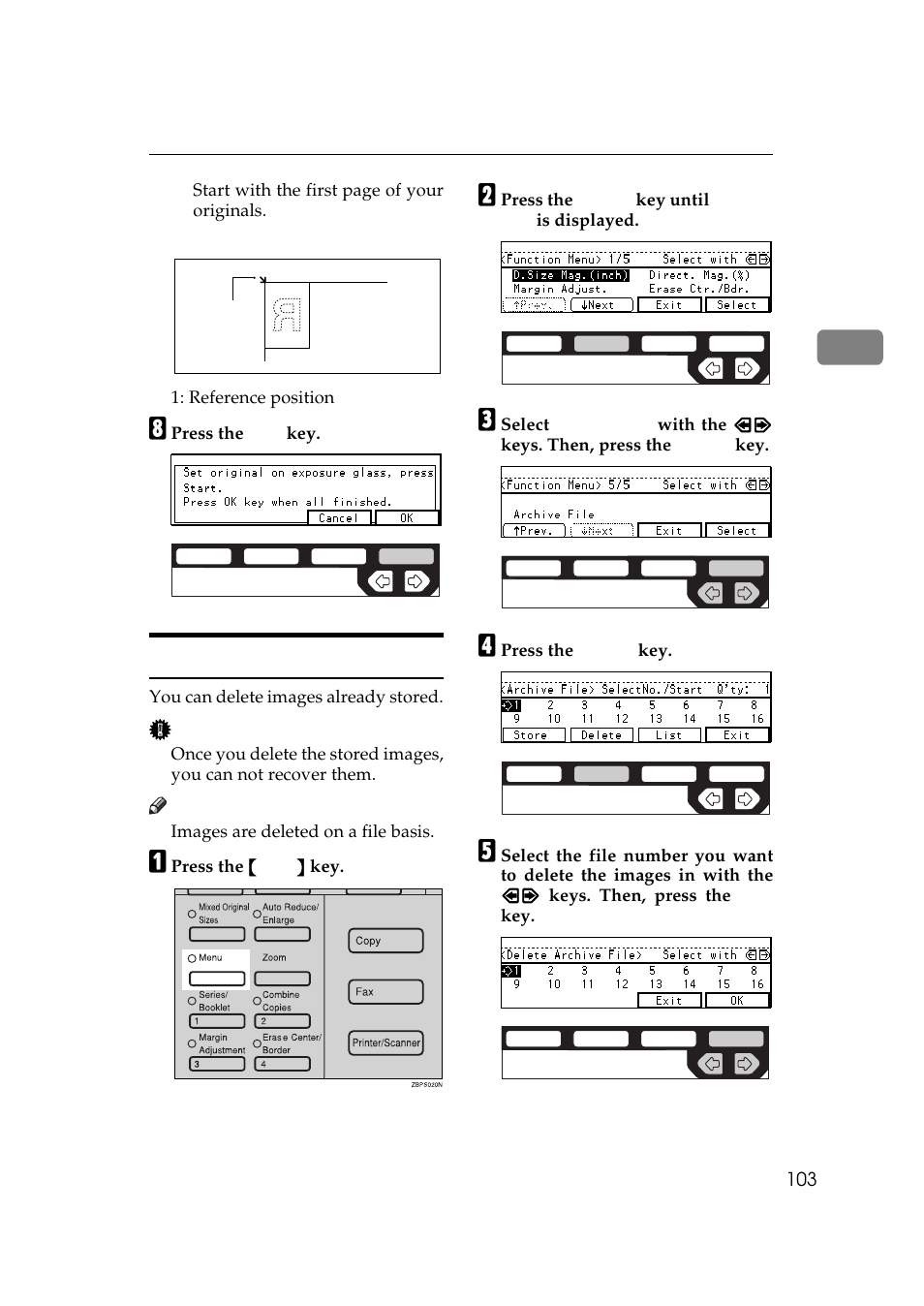 Deleting the stored images | Ricoh 450e User Manual | Page 129 / 204