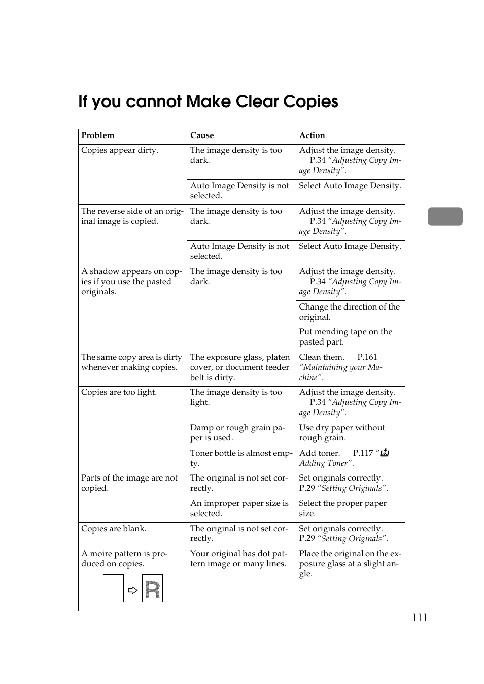 If you cannot make clear copies, 3if you cannot make clear copies | Ricoh 450e User Manual | Page 137 / 204