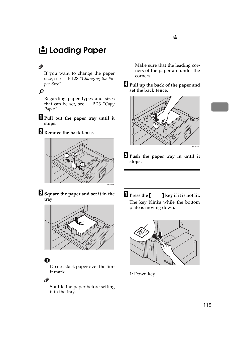Loading paper, Loading paper in the large capacity tray, E. see | P.115, Loading, Paper, P.115 “ b loading paper, 3b loading paper | Ricoh 450e User Manual | Page 141 / 204