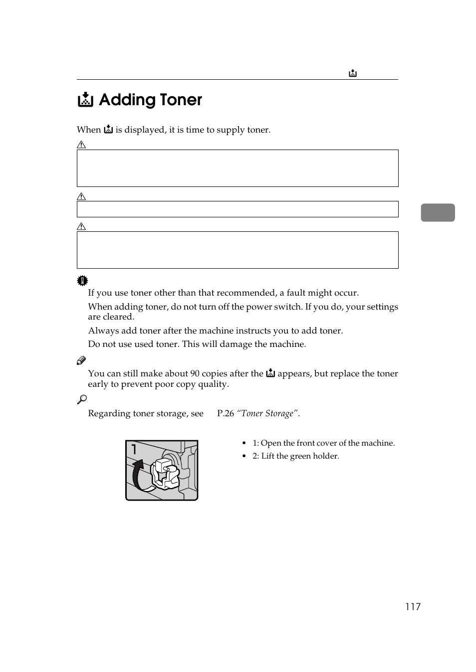 Adding toner, P.117, 3d adding toner | Ricoh 450e User Manual | Page 143 / 204