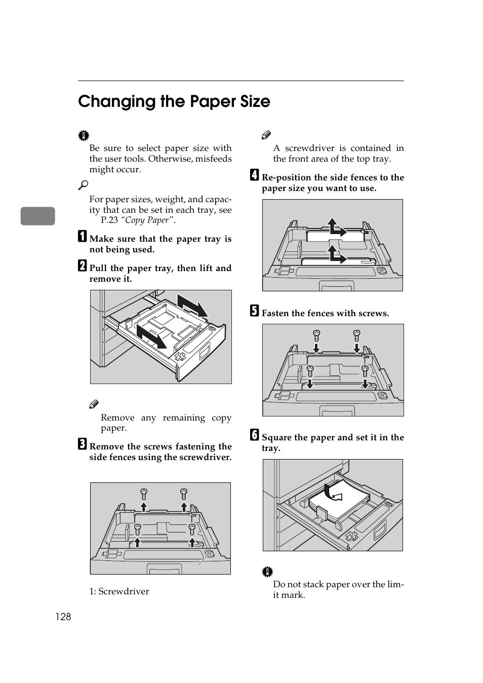 Changing the paper size, P.128 “changing the paper, Size | P.128 “changing the paper size, P.128 “changing the, Paper size, P.128 “changing the pa, Per size, 3changing the paper size | Ricoh 450e User Manual | Page 154 / 204