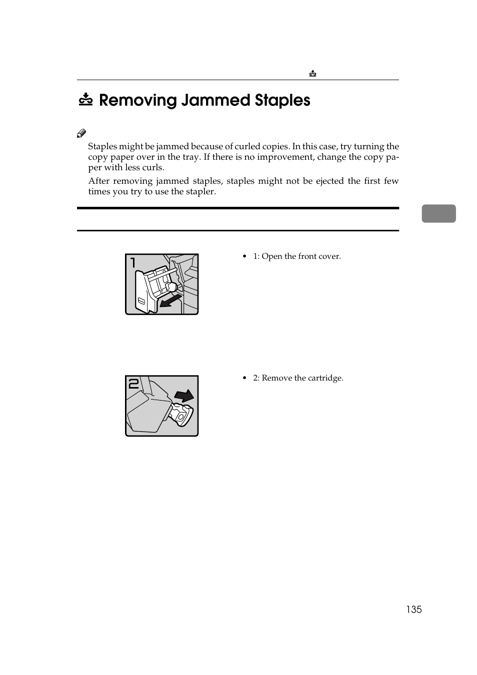 Removing jammed staples, 1000-sheet finisher, P.135 “ e removing jammed sta- ples | P.135, Removing, Jammed staples, 3e removing jammed staples | Ricoh 450e User Manual | Page 161 / 204
