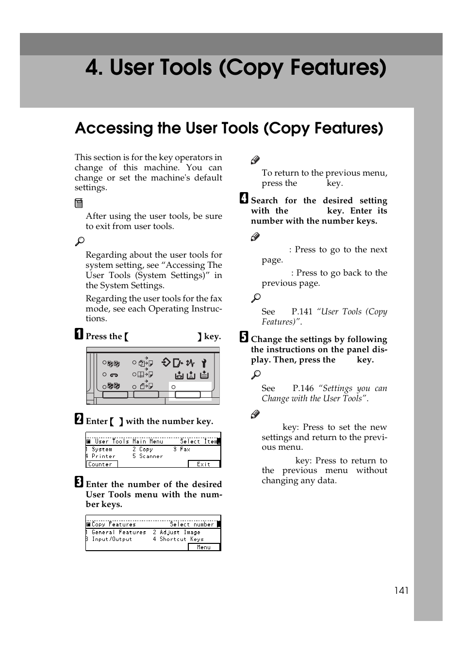 User tools (copy features), Accessing the user tools (copy features), P.141 “user tools (copy features) | Ricoh 450e User Manual | Page 167 / 204