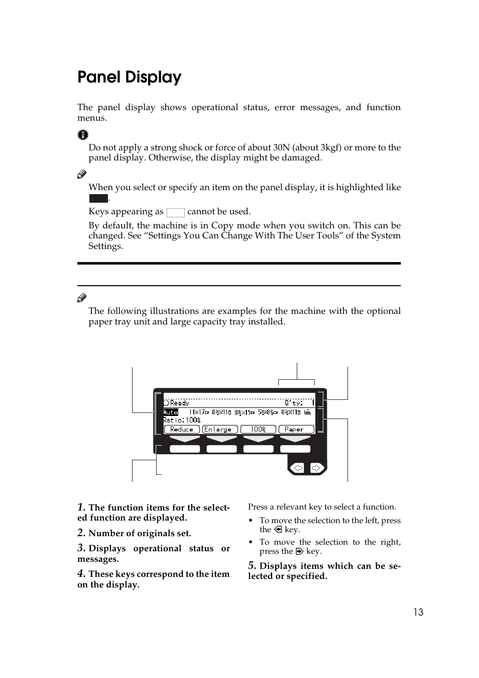 Panel display, P.13 “panel, Display | Displays and key operations | Ricoh 450e User Manual | Page 39 / 204