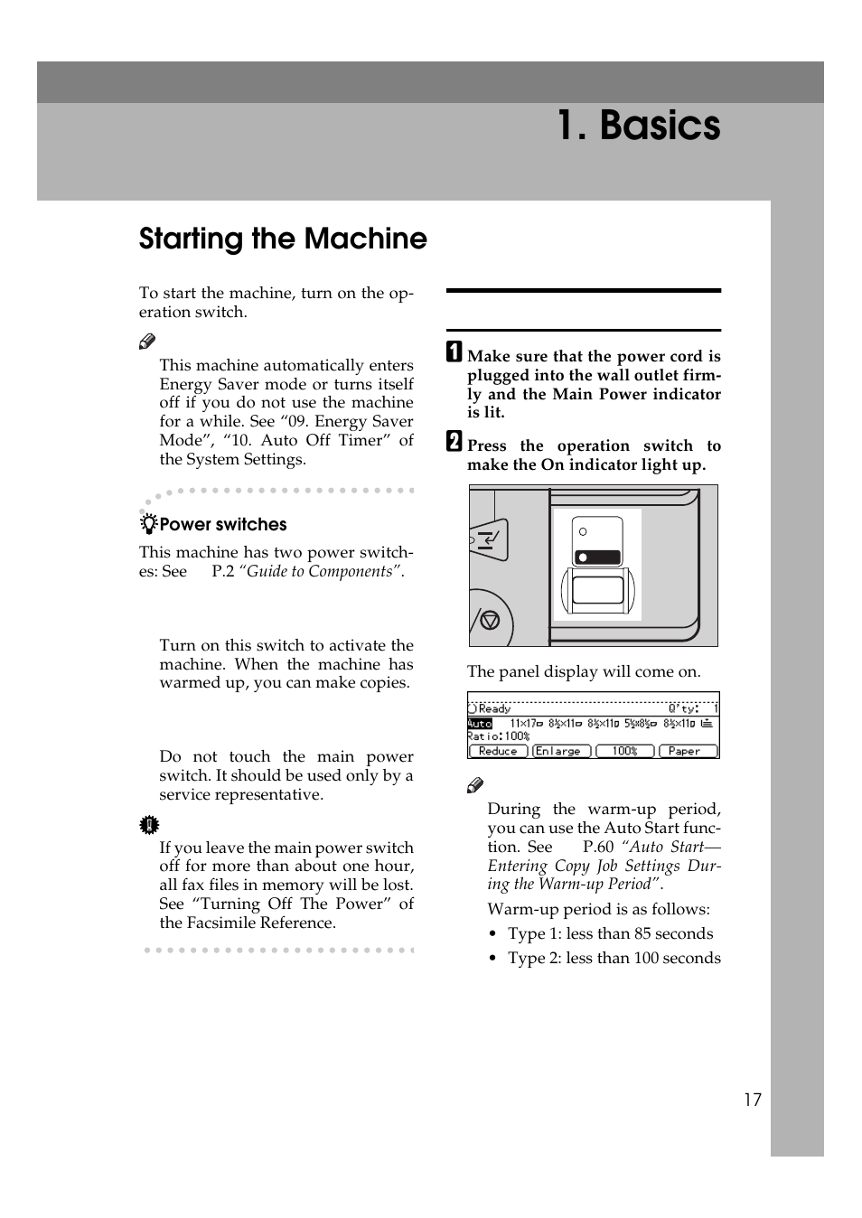 Basics, Starting the machine, Turning on the power | Ricoh 450e User Manual | Page 43 / 204