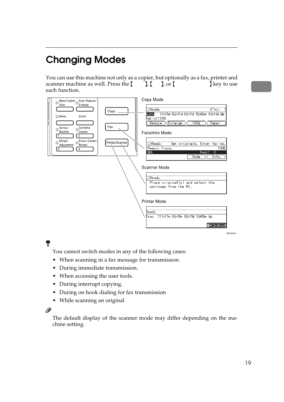 Changing modes, 1changing modes | Ricoh 450e User Manual | Page 45 / 204