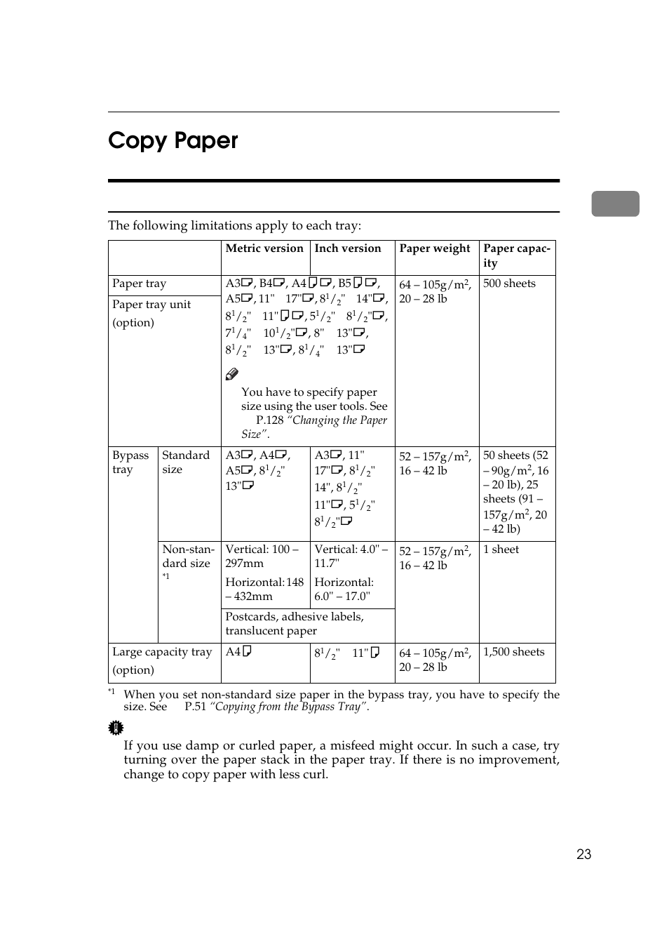 Copy paper, Recommended paper sizes and types, 1copy paper | Ricoh 450e User Manual | Page 49 / 204