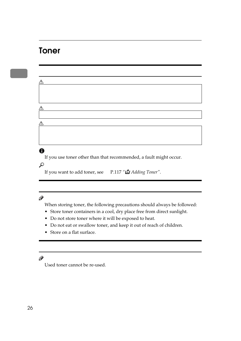 Toner, 1toner, Handling toner | Toner storage, Used toner | Ricoh 450e User Manual | Page 52 / 204