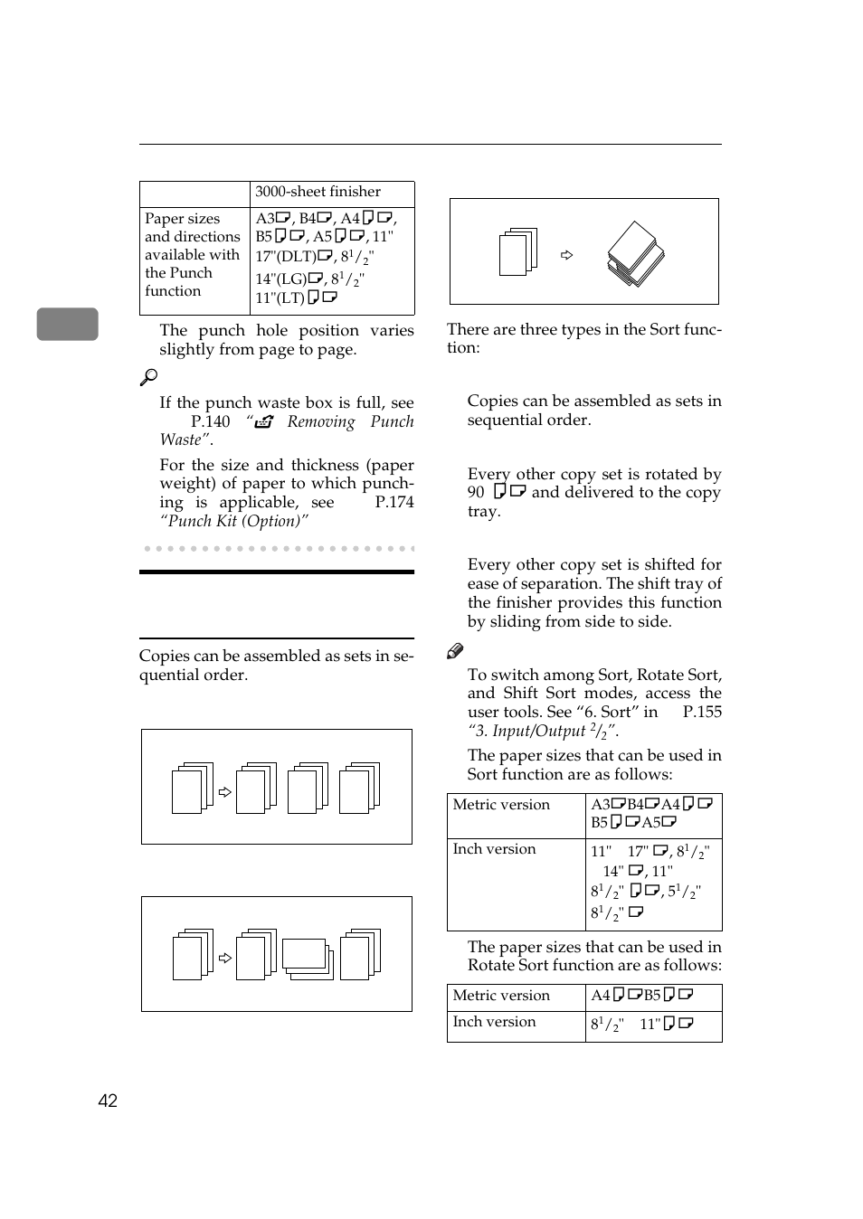Sort, Sort ❖ rotate sort ❖ shift sort, Rotate sort | Shift sort (optional finisher required), There are three types in the sort func- tion | Ricoh 450e User Manual | Page 68 / 204
