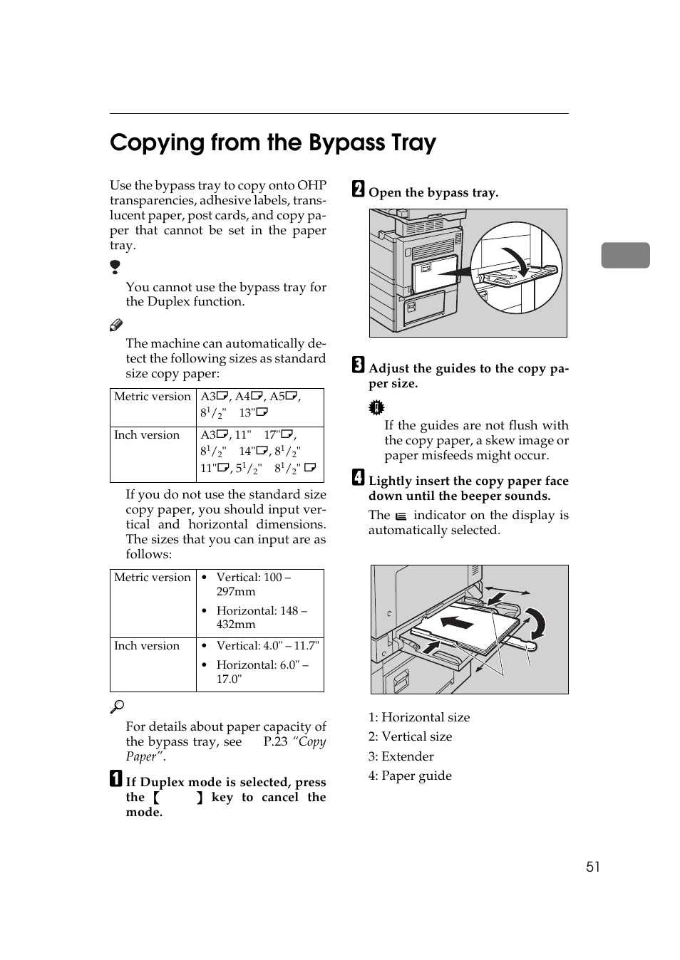 Copying from the bypass tray, P.51 “copying from the by, Pass tray | 2copying from the bypass tray | Ricoh 450e User Manual | Page 77 / 204