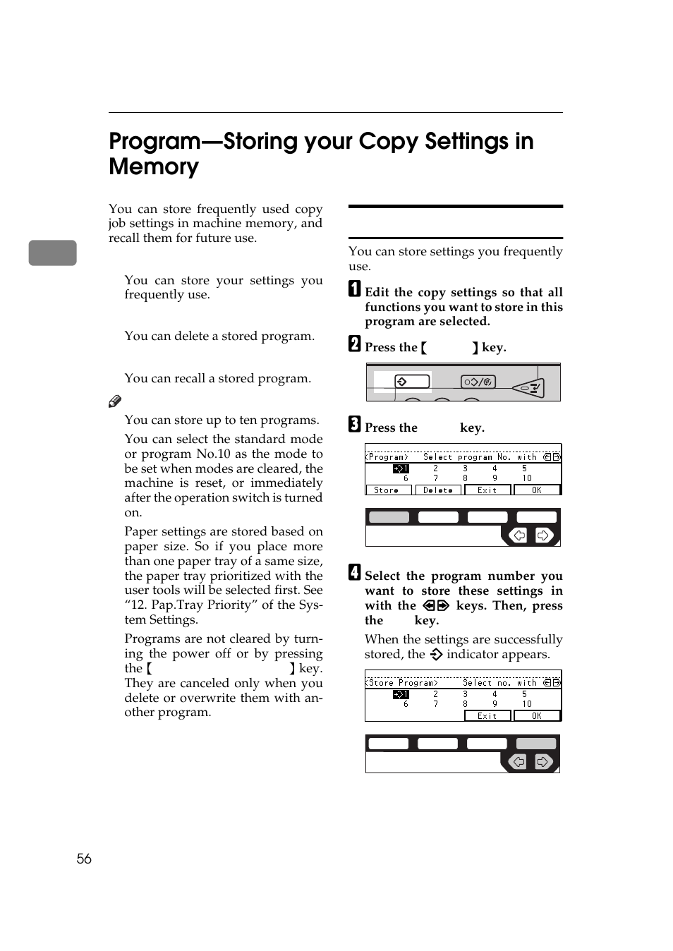 Program—storing your copy settings in memory, Storing your settings | Ricoh 450e User Manual | Page 82 / 204