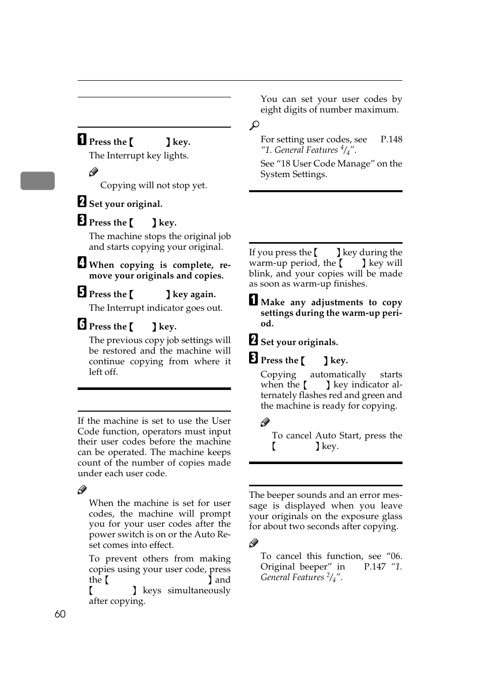 User codes, Auto start, Original beeper | P.60 “user codes | Ricoh 450e User Manual | Page 86 / 204