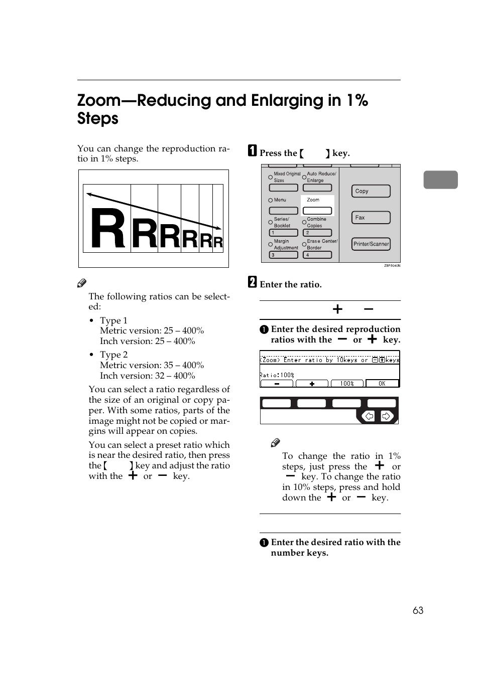 Zoom, 2zoom—reducing and enlarging in 1% steps | Ricoh 450e User Manual | Page 89 / 204