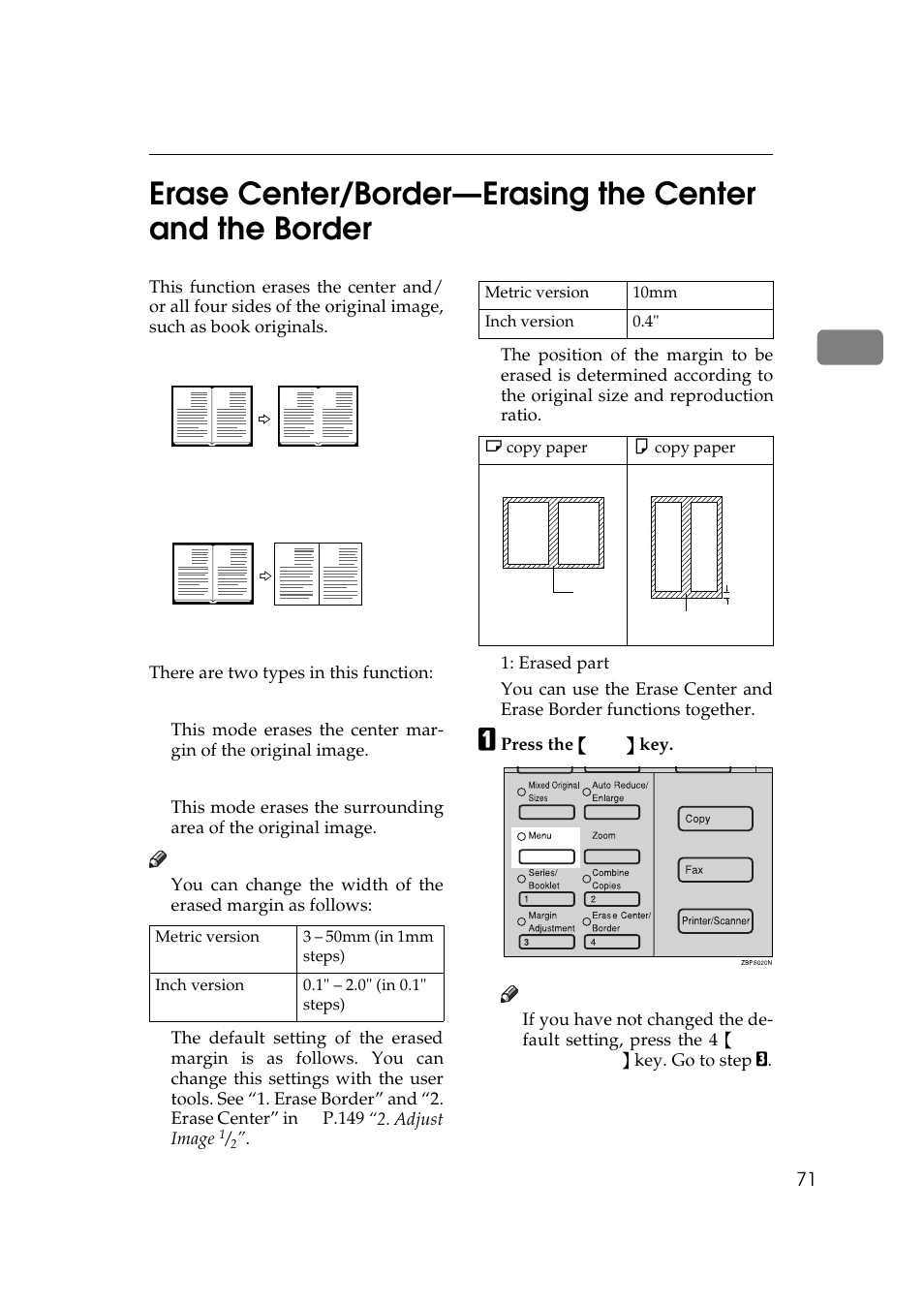 Erase center/border | Ricoh 450e User Manual | Page 97 / 204