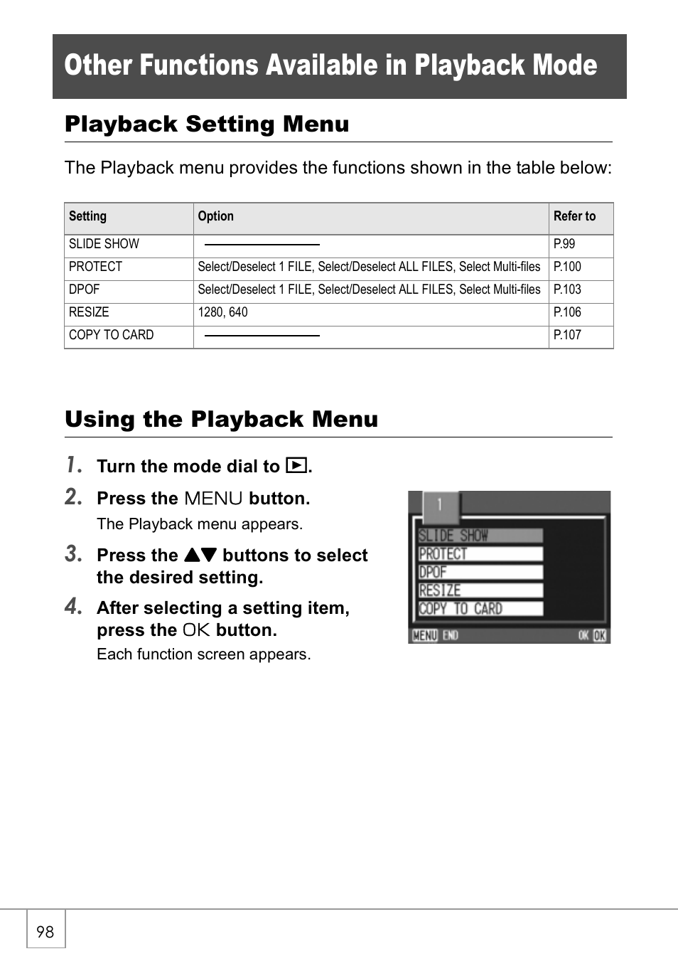 Other functions available in playback mode, Playback setting menu, Using the playback menu 1 | Ricoh GX8 User Manual | Page 100 / 180