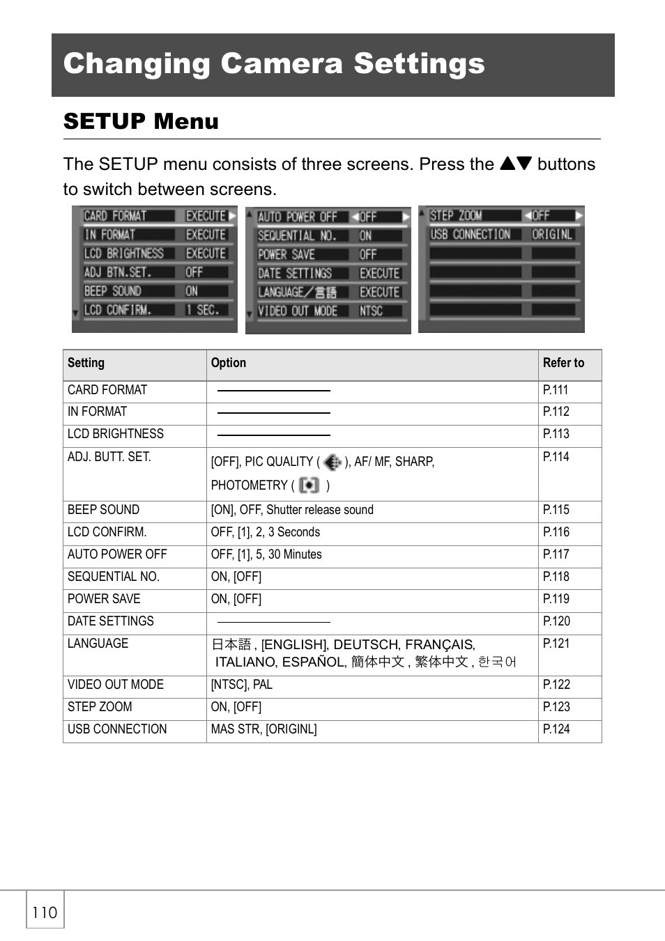 Changing camera settings, Setup menu | Ricoh GX8 User Manual | Page 112 / 180