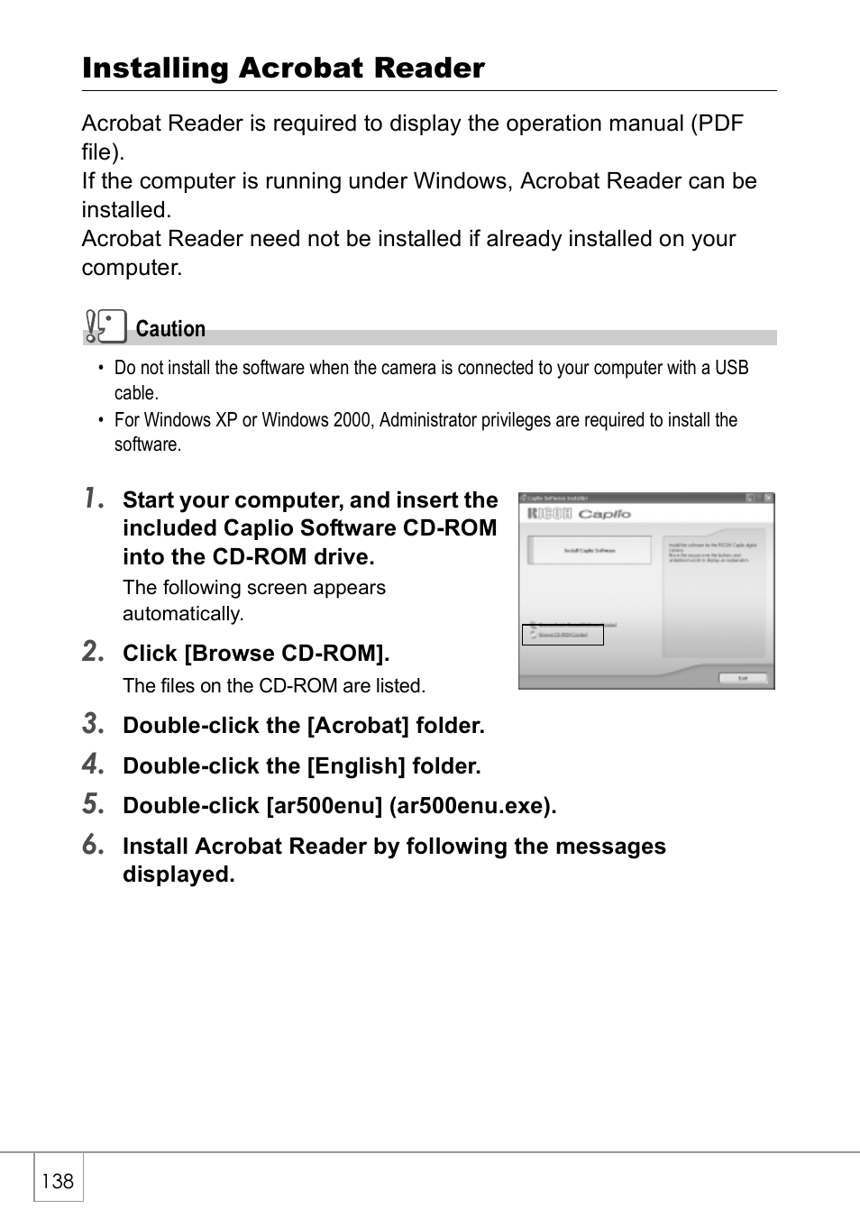Installing acrobat reader | Ricoh GX8 User Manual | Page 140 / 180