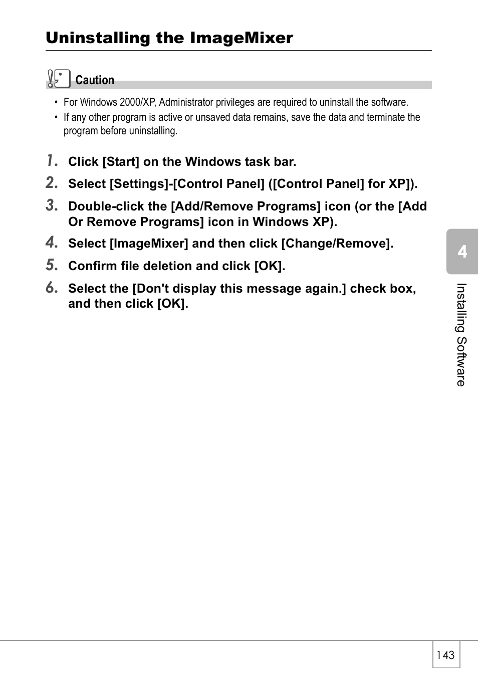 Uninstalling the imagemixer | Ricoh GX8 User Manual | Page 145 / 180