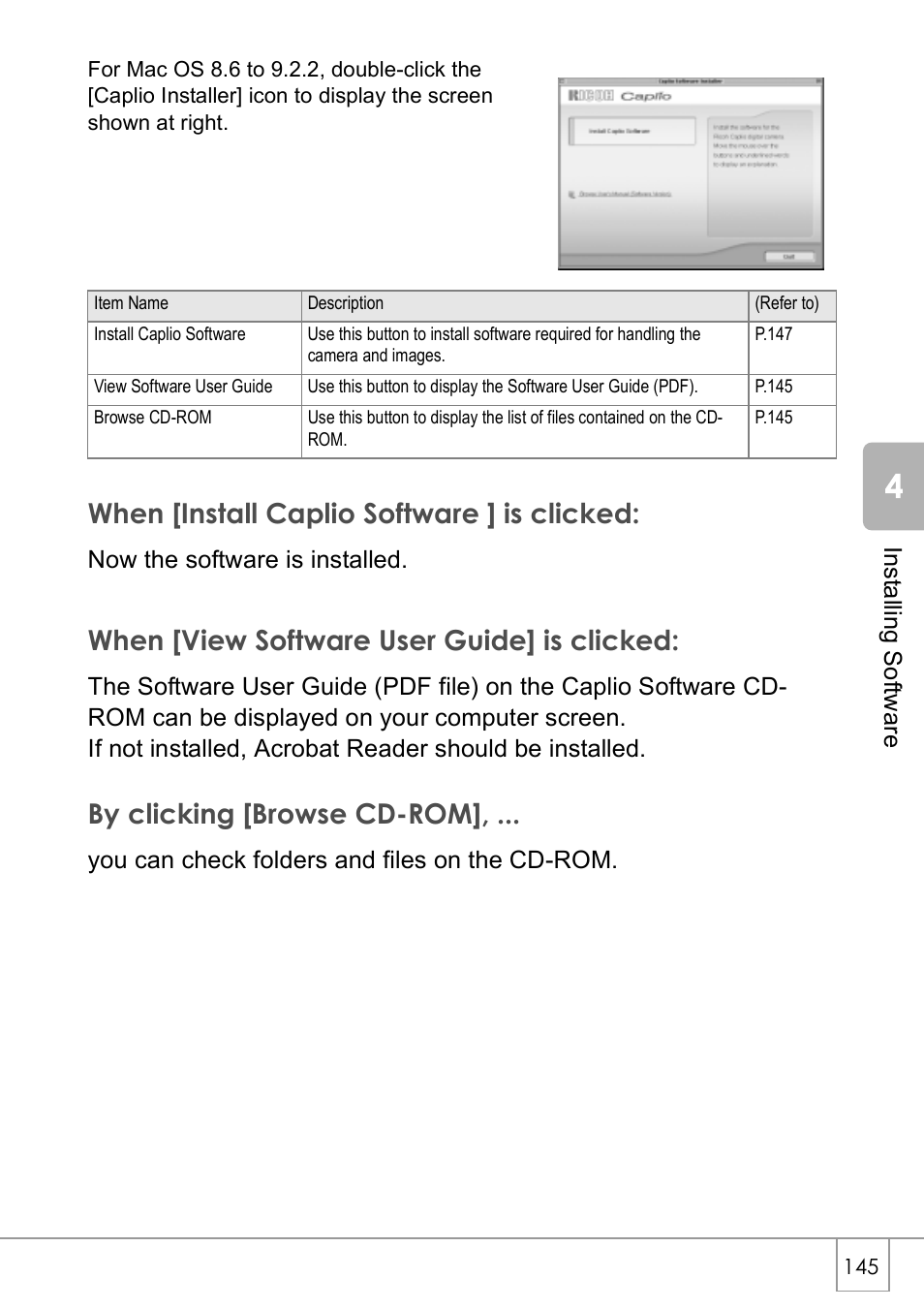 When [install caplio software ] is clicked, When [view software user guide] is clicked, By clicking [browse cd-rom | Ricoh GX8 User Manual | Page 147 / 180