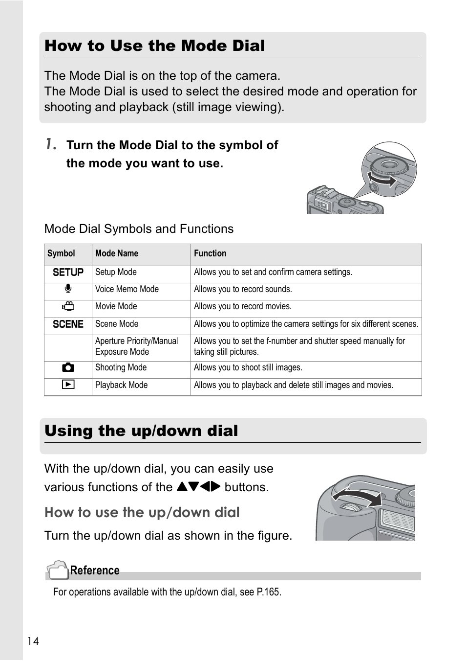 How to use the mode dial, Using the up/down dial, How to use the up/down dial | Ricoh GX8 User Manual | Page 16 / 180