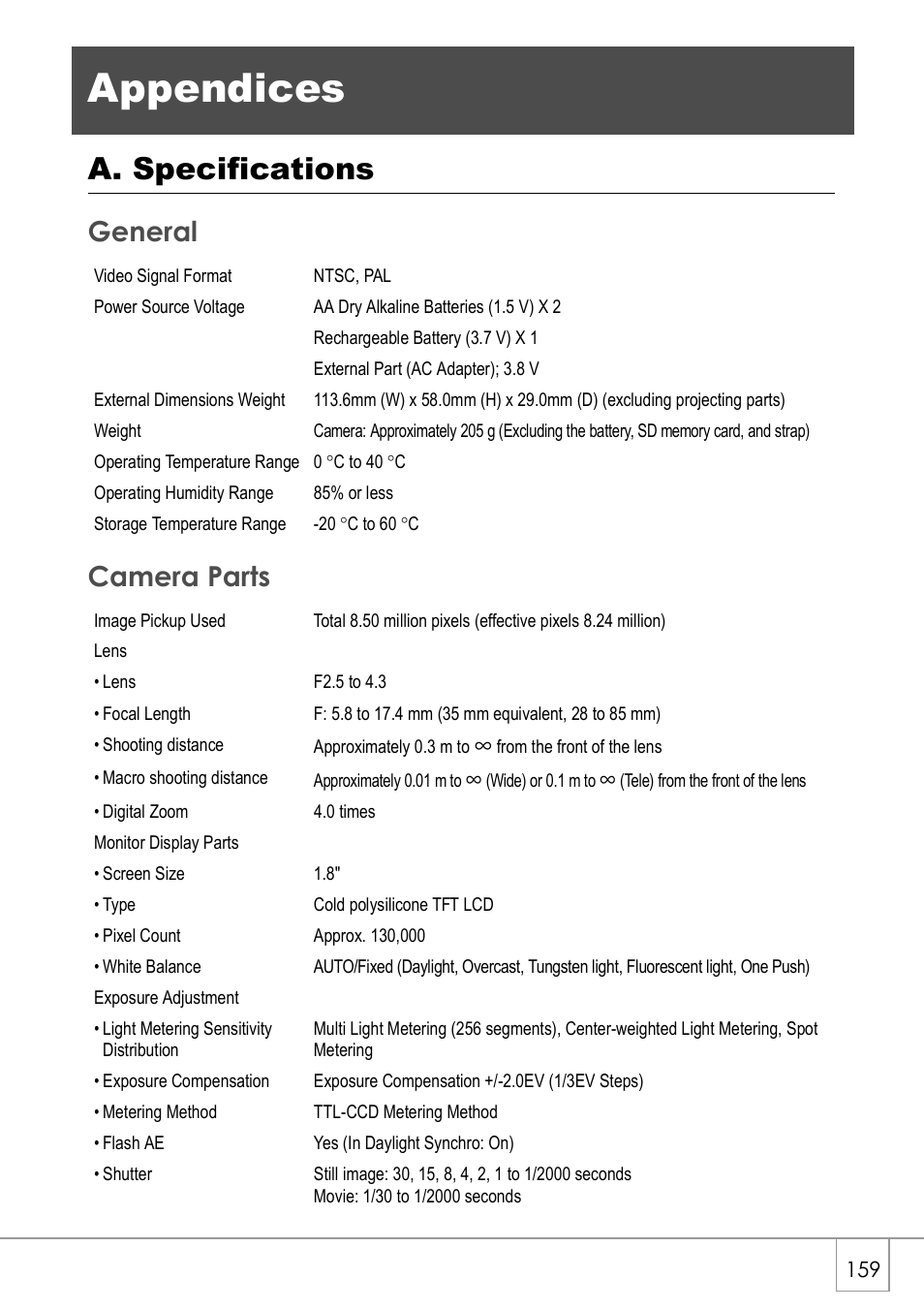 Appendices, A. specifications, General camera parts | Ricoh GX8 User Manual | Page 161 / 180