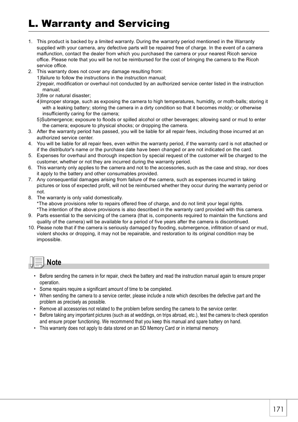 L. warranty and servicing | Ricoh GX8 User Manual | Page 173 / 180