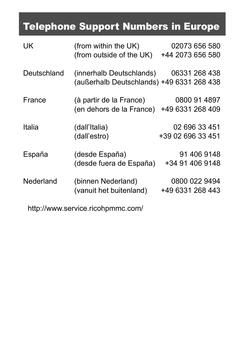 Telephone support numbers in europe | Ricoh GX8 User Manual | Page 179 / 180