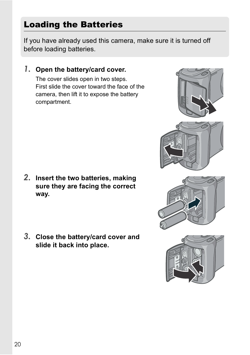 Loading the batteries | Ricoh GX8 User Manual | Page 22 / 180