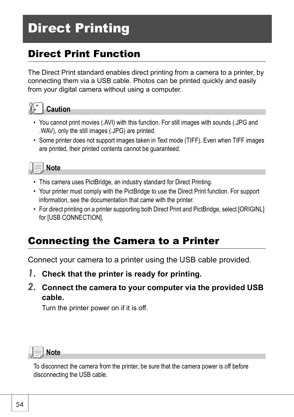 Direct printing, Direct print function, Connecting the camera to a printer | Ricoh GX8 User Manual | Page 56 / 180