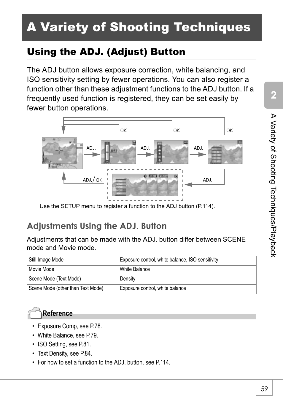 A variety of shooting techniques, Using the adj. (adjust) button, Adjustments using the adj. button | Ricoh GX8 User Manual | Page 61 / 180